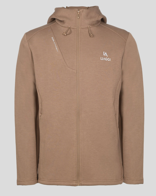 СУИТШЪРТ С КАЧУЛКА И РЕГУЛИРАЩИ ВРЪЗКИ В ЦВЯТ КАМЕЛ