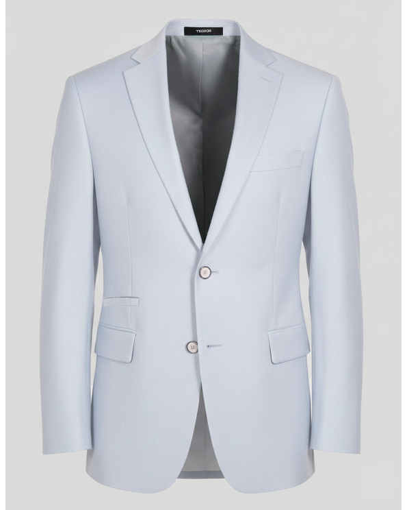 СВЕТЛОСИНЬО КЛАСИЧЕСКО САКО ОТ ФИНА ВЪЛНА С ЕЛАСТАН /ЧАСТ ОТ КОСТЮМ/