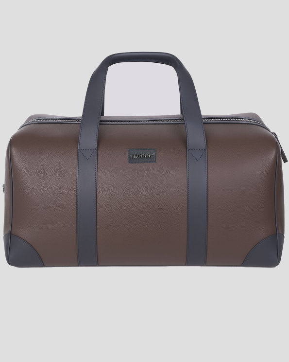 КАФЯВА ЧАНТА ТИП САК ОТ ЕСТЕСТВЕНА КОЖА С КОНТРАСТНИ ДЕТАЙЛИ И ЛОГО