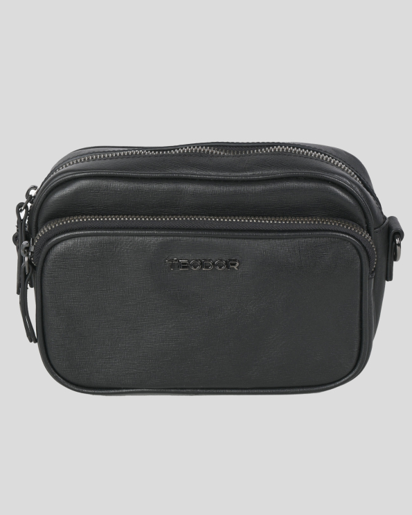 ЧЕРНА ЧАНТА ЗА ПРЕЗ РАМО ОТ ЕСТЕСТВЕНА КОЖА ШАГРЕН С ВЪНШЕН ПОРТФЕЙЛ