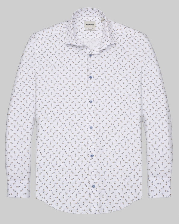 БЯЛА ВТАЛЕНА РИЗА С КОНТРАСТЕН ФЛОРАЛЕН ДЕСЕН