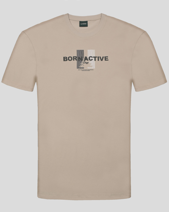 БЕЖОВА ПАМУЧНА ТЕНИСКА С ЕФЕКТЕН ПРИНТ НАДПИС