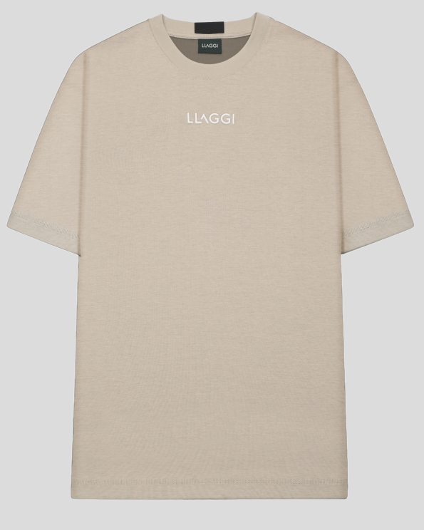 БЕЖОВА ОВЪРСАЙЗ ТЕНИСКА С ДВУЛИЦЕВ ПЛАТ И ЛОГО ПРИНТ