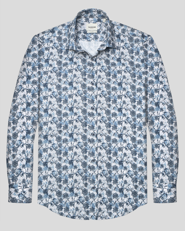 ПАМУЧНА РИЗА С ФЛОРАЛЕН ДЕСЕН В СИНЬО ВТАЛЕН СИЛУЕТ