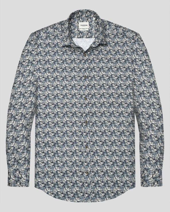 ТЪМНОСИНЯ РИЗА ОТ ПАМУЧЕН ГАБАРДИН С ФЛОРАЛЕН ДЕСЕН