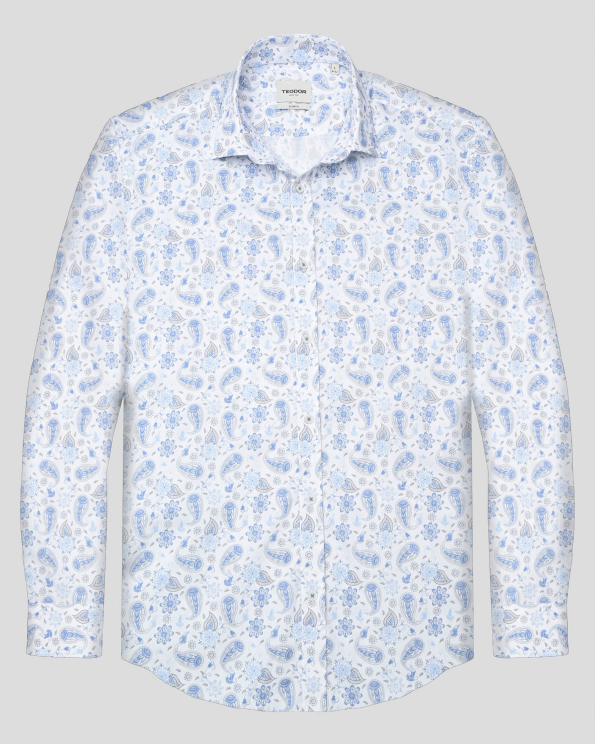 БЯЛА РИЗА ОТ ПАМУЧЕН ГАБАРДИН С ПЕЙСЛИ МОТИВИ ВТАЛЕН СИЛУЕТ