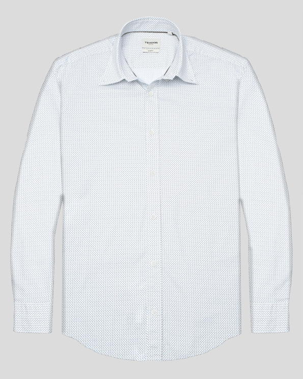 БЯЛА ВТАЛЕНА РИЗА ОТ ПАМУЧЕН ГАБАРДИН С ФЛОРАЛЕН ДЕСЕН 