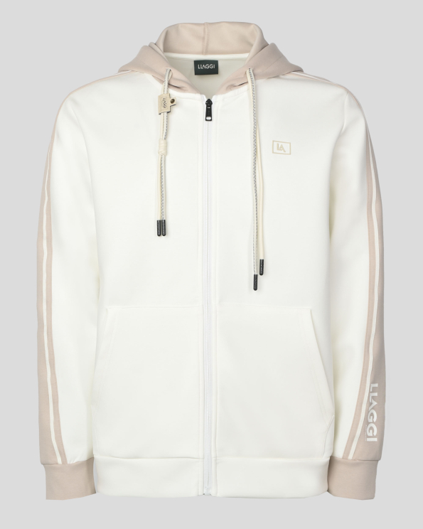 БЯЛ СУИТШЪРТ С КАЧУЛКА ОТ ПАМУК С ЕЛАСТАН И ГУМИРАН ЛОГО ПРИНТ