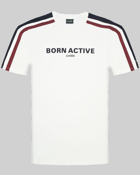 БЯЛА ТЕНИСКА С КОНТРАСТНА ЛЕНТА И ГУМИРАН НАДПИС 