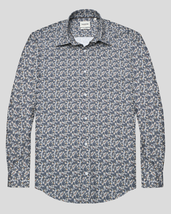 ТЪМНОСИВА РИЗА ОТ ПАМУЧЕН ГАБАРДИН С ФЛОРАЛЕН ДЕСЕН