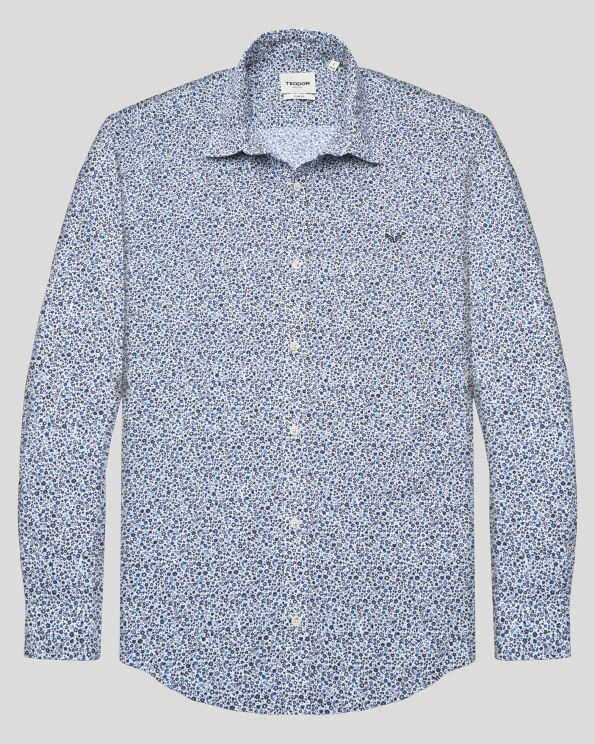 БЯЛА РИЗА С ФЛОРАЛЕН ДЕСЕН В ТЪМНОСИНЬО И БРОДЕРИЯ ЛОГО