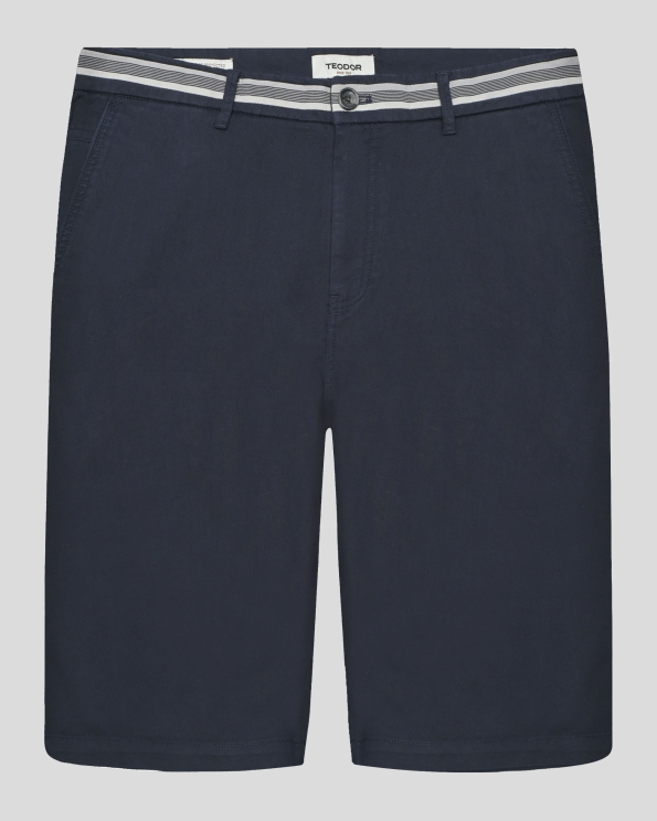 ТЪМНОСИНИ БЕРМУДИ ОТ ПАМУК И ЛЕН С ШИРИТ НА КОЛАНА