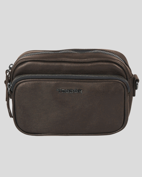 ТЪМНОКАФЯВА ЧАНТА ПРЕЗ РАМО ОТ ШАГРЕНИРАНА КОЖА С ВЪНШЕН ПОРТФЕЙЛ