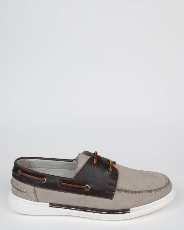 СПОРТНИ ОБУВКИ ТИП МОКАСИНИ ОТ НАБУК В КАМЕННО СИВО И ТЪМНОКАФЯВО