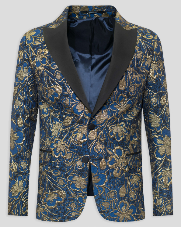 ТЪМНОСИНЬО ЦЕРЕМОНИАЛНО САКО СЪС САТЕНИРАН РЕВЕР ВЪВ ФЛОРАЛЕН ДЕСЕН 