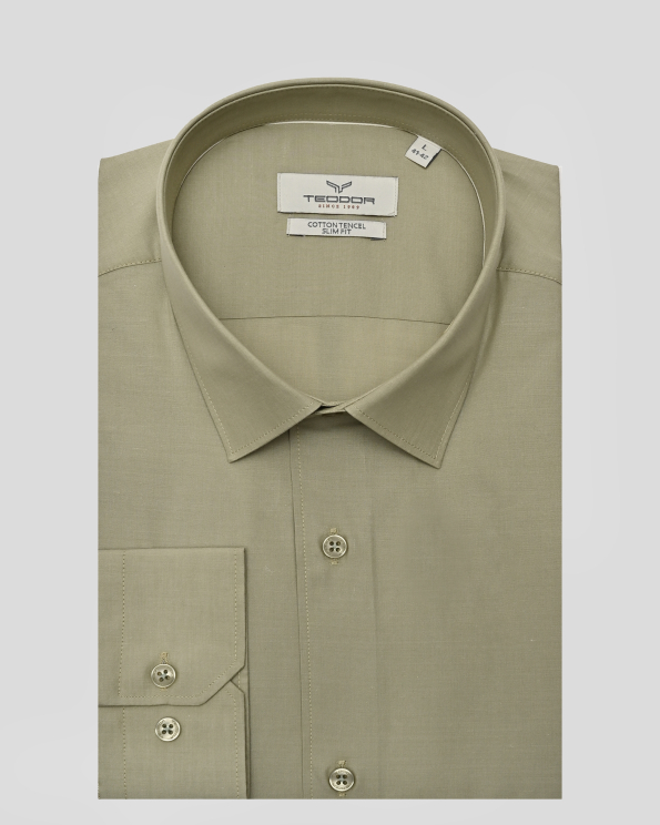 СВЕТЛОЗЕЛЕНА КЛАСИЧЕСКА РИЗА ВТАЛЕН СИЛУЕТ ОТ ПАМУК И ТЕНСЕЛ 