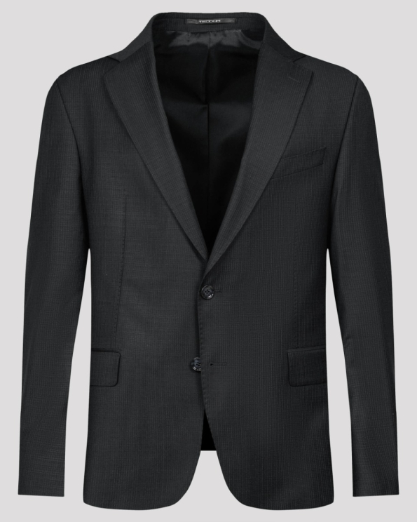 ЧЕРЕН КЛАСИЧЕСКИ КОСТЮМ СВОБОДЕН СИЛУЕТ В ДИСКРЕТНО РАЙЕ 