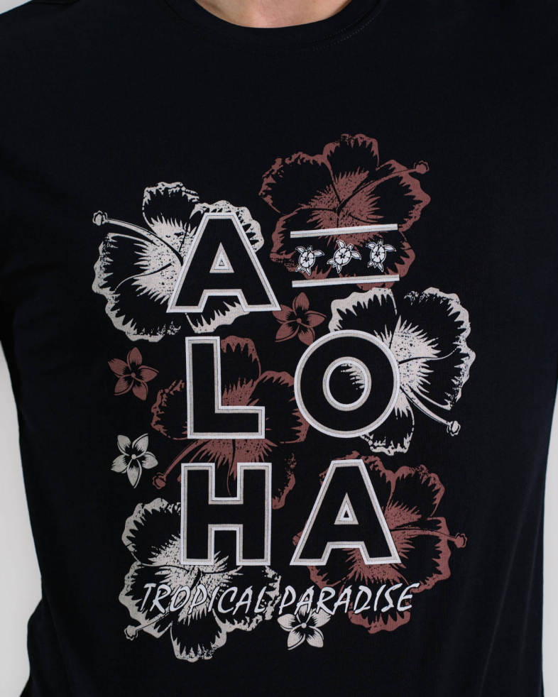 ТЪМНО СИНЯ ТЕНИСКА С ФЛОРАЛЕН ПРИНТ И НАДПИС ALOHA 200110131441-2 02