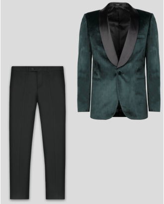 ЗЕЛЕН ЦЕРЕМОНИАЛЕН КОСТЮМ С ШАЛ ЯКА ВТАЛЕН СИЛУЕТ 