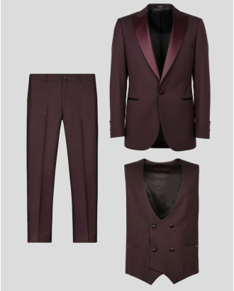 ЦЕРЕМОНИАЛЕН КОСТЮМ ТРИ  ЧАСТИ ВТАЛЕН СИЛУЕТ В ЦВЯТ БОРДО