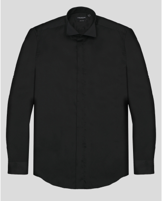 ЧЕРНА ОФИЦИАЛНА РИЗА ОТ САТЕНИРАН ПАМУК ВТАЛЕН СИЛУЕТ