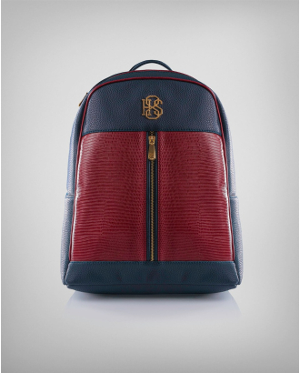  ШАГРЕНИРАНА РАНИЦА С МЕТАЛНО ЛОГО В ТЪМНО СИНЬО И БОРДО