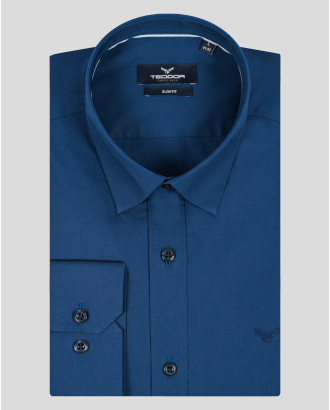  ТЪМНОСИНЯ ВТАЛЕНА РИЗА ОТ ПАМУЧЕН ПОПЛИН С БРОДЕРИЯ ЛОГО