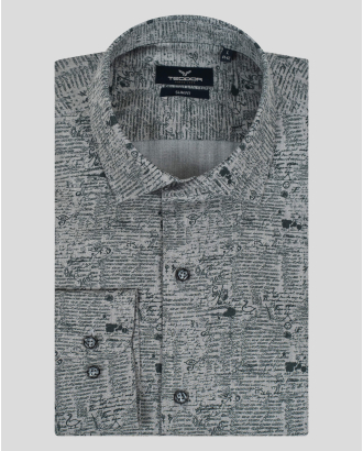 СИВА ПАМУЧНА РИЗА ВТАЛЕН СИЛУЕТ С АРТ ПРИНТ В ТЪМНО ЗЕЛЕНО 