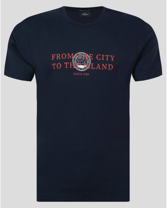 ТЪМНОСИНЯ ТЕНИСКА ОВЪРСАЙЗ С ЕФЕКТЕН ПРИНТ И НАДПИС ОТ PREMIUM ПАМУК 