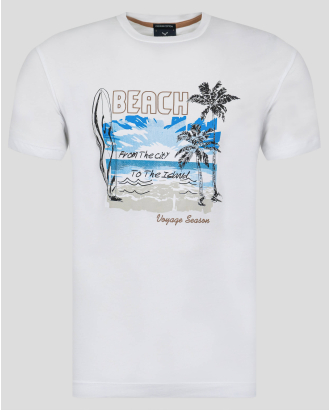 БЯЛА ТЕНИСКА ОТ PREMIUM ПАМУК С КОНТРАСТНА ЩАМПА С НАДПИС 