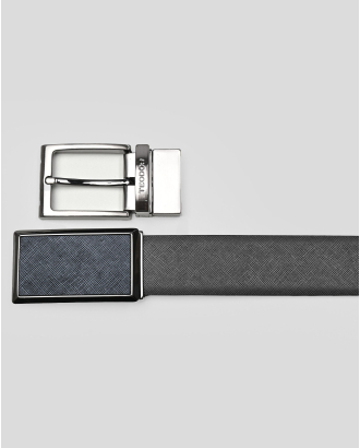 ДВУЛИЦЕВ КОЛАН ОТ СТРУКТУРНА КОЖА В ТЪМНОСИНЬО И КАФЯВО С ДВЕ КАТАРАМИ