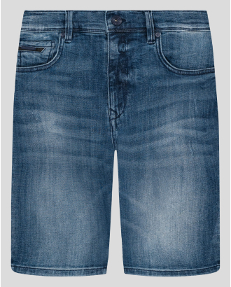 ДЕНИМ СИНИ ДЪНКОВИ БЕРМУДИ С НАКЪСАН ЕФЕКТ И МЕТАЛНО ЛОГО