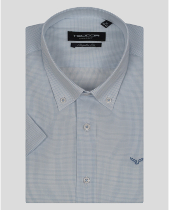 СВЕТЛОСИНЯ КАРИРАНА РИЗА С КЪС РЪКАВ И БРОДЕРИЯ ЛОГО