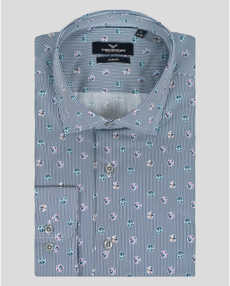 СИНЯ  ВТАЛЕНА  РИЗА С МНОГОЦВЕТЕН АРТ ПРИНТ