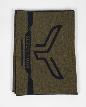 ДВУЛИЦЕВ ВЪЛНЕН ШАЛ С ЛОГО И НАДПИС  В ЦВЯТ КАКИ И ТЪМНО СИНЬО