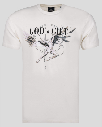 ТЕНИСКА В ЕКРЮ С ЕФЕКТЕН ПРИНТ И НАДПИС GOD' S GIFT ОТ  PREMIUM ПАМУК 