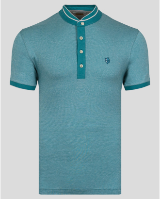 МЕЛАНЖИРАНА ТЕНИСКА С ПОПСКА ЯКА И БРОДЕРИЯ ЛОГО В СВЕТЪЛ ПЕТРОЛ