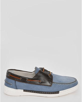 СВЕТЛОСИНИ МОКАСИНИ ОТ НАБУК С КОНТРАСТНА ГАРНИТУРА ОТ ГЛАДКА КОЖА