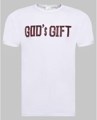 БЯЛА ТЕНИСКА ОТ PREMIUM ПАМУК С КОНТРАСТЕН РЕЛЕФЕН ПРИНТ "GOD`s GIFT"