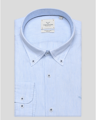 СВЕТЛОСИНЯ РИЗА МЕЛАНЖ ОТ ЛЕН И ПАМУК В ДИСКРЕТНО РАЙЕ