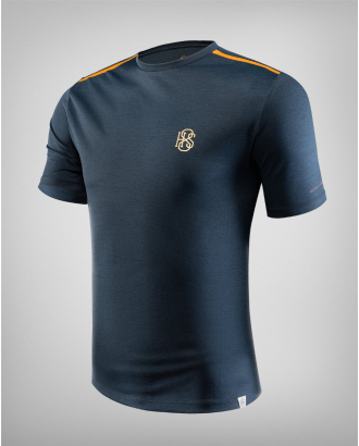 ТЪМНОСИНЯ ТЕНИСКА С КОНТРАСТНИ КАНТОВЕ И ПРИНТ ЛОГО H8S 