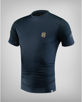 ТЪМНОСИНЯ ТЕНИСКА С ОБЛО ДЕКОЛТЕ И ПРИНТ ЛОГО H8S