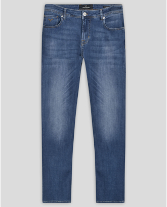 ДЕНИМ СИНИ ДЪНКИ СВОБОДЕН СИЛУЕТ С ЛЕК ИЗТРИТ ЕФЕКТ И ЛОГО