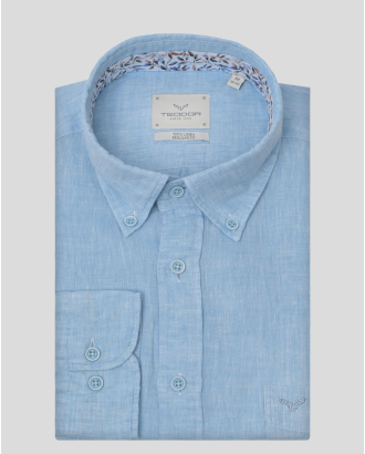 ЛЕНЕНА РИЗА С НАВИВАЩИ СЕ РЪКАВИ И ДЖОБ НА ГЪРДИТЕ В ЦВЯТ ТЮРКОАЗ  