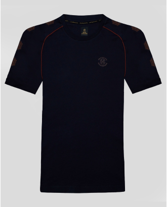 ДЕТСКА ТЪМНОСИНЯ ТЕНИСКА С ОБЛО ДЕКОЛТЕ И КОНТРАСТЕН ЛОГО ПРИНТ H8S