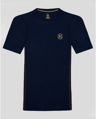 ДЕТСКА ТЪМНОСИНЯ ТЕНИСКА С ОБЛО ДЕКОЛТЕ И КОНТРАСТЕН ЛОГО ПРИНТ H8S