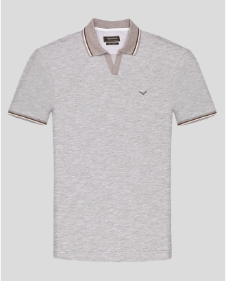 ТЕНИСКА С ПОЛО ЯКА ОТ ПАМУК, МОДАЛ И ЛЕН В БЕЖОВ МЕЛАНЖ