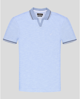 ТЕНИСКА С ПОЛО ЯКА И КОНТРАСТНА ДЕСЕНАЦИЯ В СВЕТЛОСИН МЕЛАНЖ