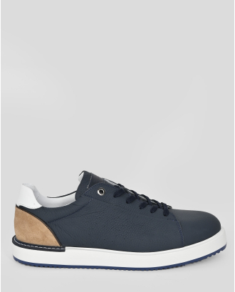 ТЪМНОСИНИ СПОРТНИ ОБУВКИ ОТ ШАГРЕНИРАНА КОЖА С ГАРНИТУРА ОТ ВЕЛУР