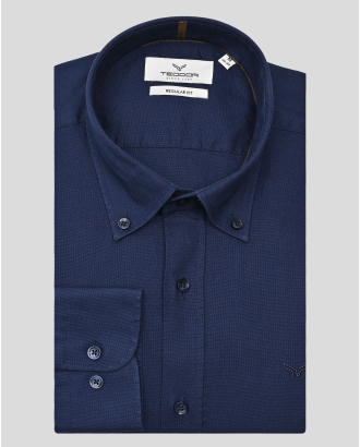 ТЪМНОСИНЯ РИЗА С КОПЧЕТА НА ЯКАТА ОТ СТРУКТУРЕН ПАМУЧЕН ПЛАТ ОКСФОРД 